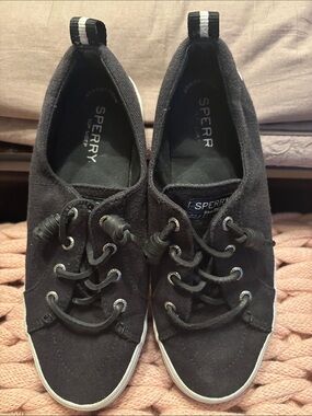 Sperry Black Canvas Slip-On Boat Shoes with White Trim